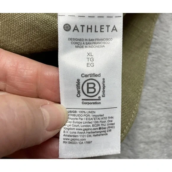 Athleta Womens Retreat 100% Linen Shirt Size XL Olive Green Button Short Sleeve - Picture 5 of 9